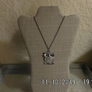 Silver Owl Necklace long chain with rhinestones
